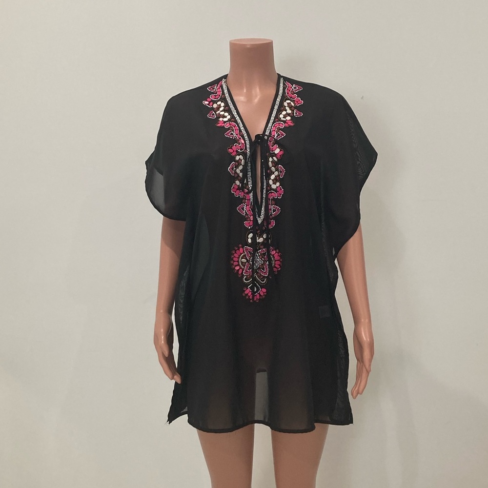SPIAGGIA DOLCE Black Sheer Kimono Style Swimsuit Cover Up Pink White Beads S
